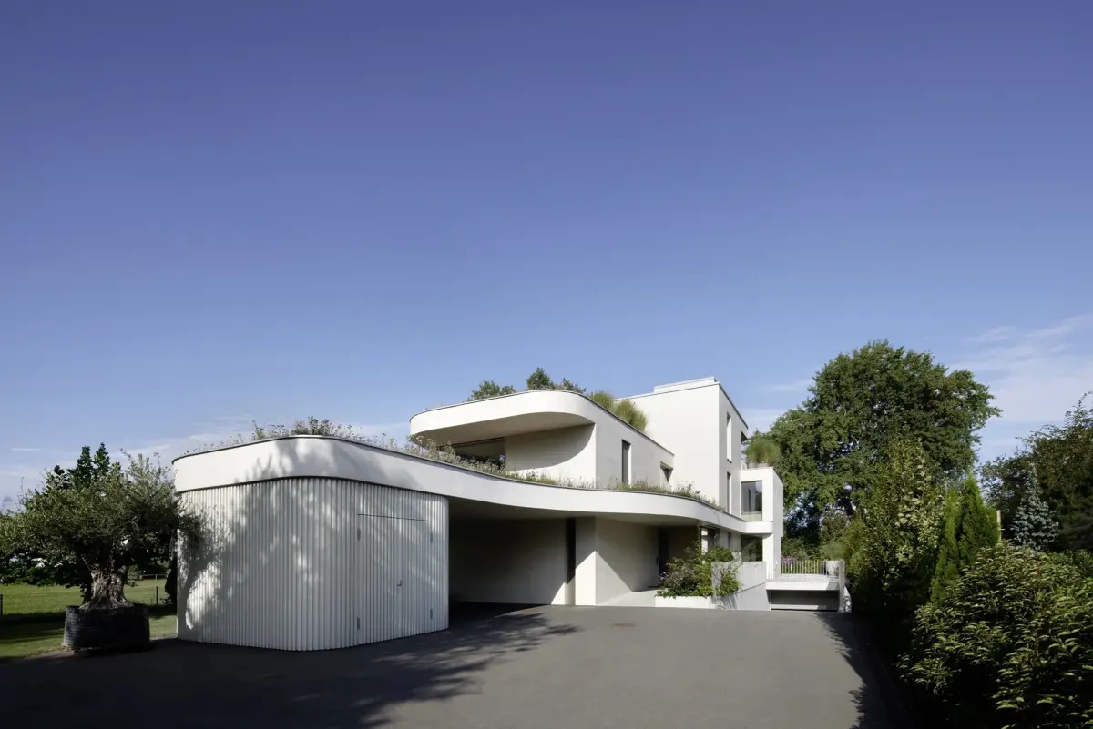 Zufahrt mit Carport, Rundbau mit Stablattung und Olivenbaum einer Villa am Bodensee bei Bregenz, Gahleitner Architekten, Architekturfotograf Roland Wimmer
